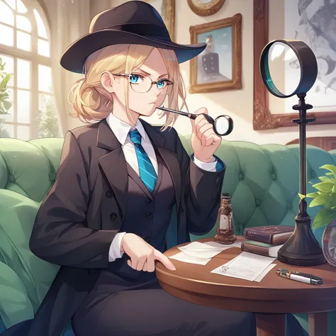 masterpiece, best quality, 8k,1 girl ( black trench coat, suit, skirt, fedora, glasses, cross-legged, sitting on sofa, necktie, ...