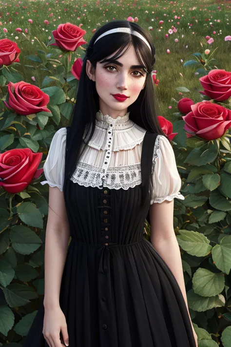 a woman with long flowing black hair, piercing eyes, a prominent unibrow, rosy cheeks, eating a juicy red apple, wearing a Victo...