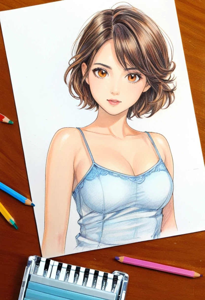 woman，Short camisole vest，White，Art，，Colored pencil sketch，sketch ，Comic Collage，illustration、desktop、A few colored pencils、Several colored pencils、eraser、Traces of use