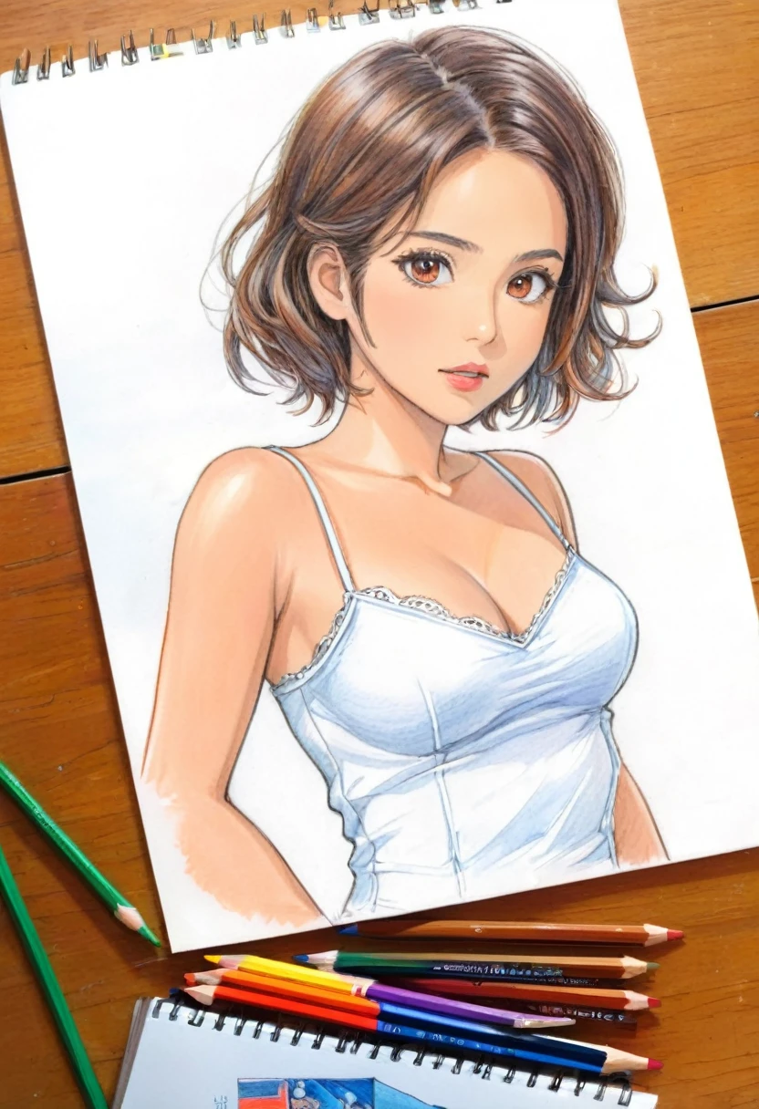 woman，Short camisole vest，White，Art，，Colored pencil sketch，sketch ，Comic Collage，illustration、desktop、A few colored pencils、Several colored pencils、eraser、Traces of use