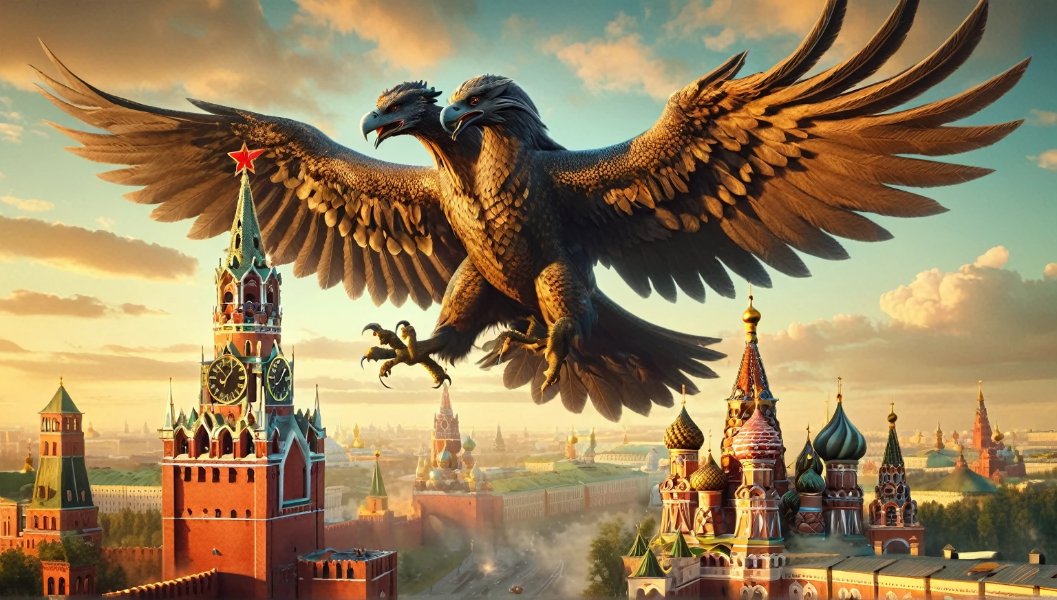 there is a large bird flying over a city with a clock tower, dragon invasion of moscow, by Alexander Kucharsky, by Igor Grabar, flying mythical beasts, 3 d render and matte painting, sergey zabelin, by Serhii Vasylkivsky, imperial russia, russia in 2 0 2 1, gryphon, by Fyodor Rokotov