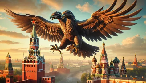 there is a large bird flying over a city with a clock tower, dragon invasion of moscow, by Alexander Kucharsky, by Igor Grabar, ...