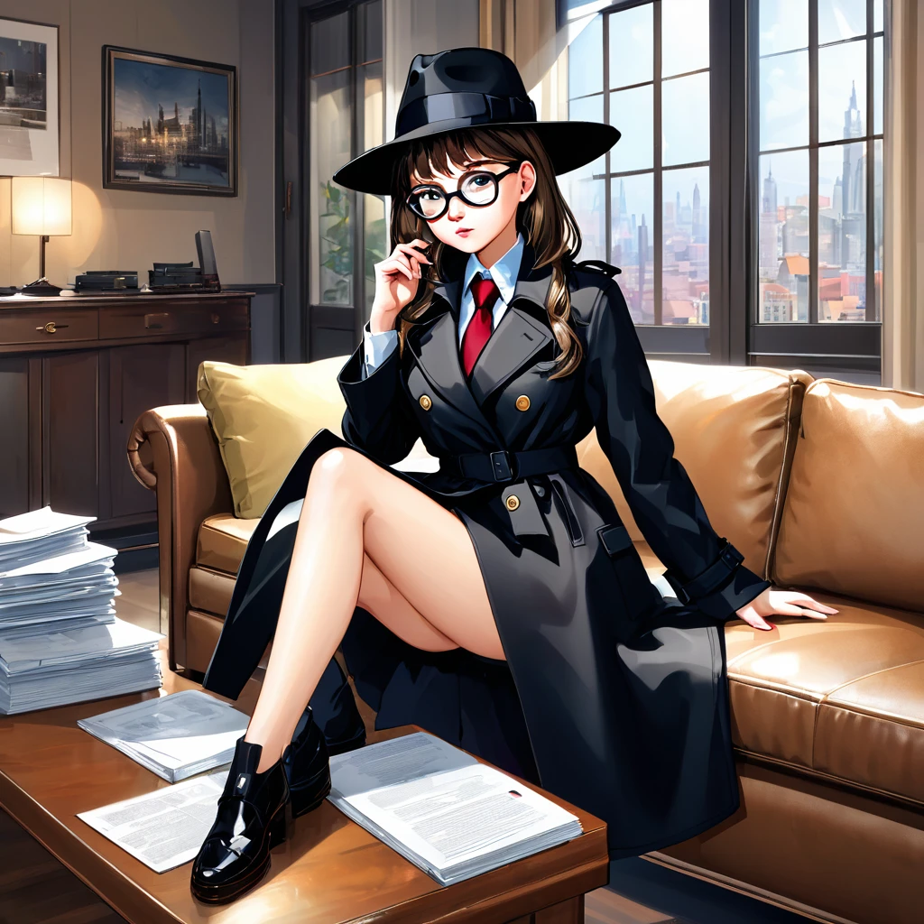 masterpiece, best quality, 8k,1 girl ( black trench coat, suit, skirt, fedora, glasses, cross-legged, sitting on sofa, necktie, right hand hold magnifier:1.2, serious), ( table, papers on table ), window, ofice background,