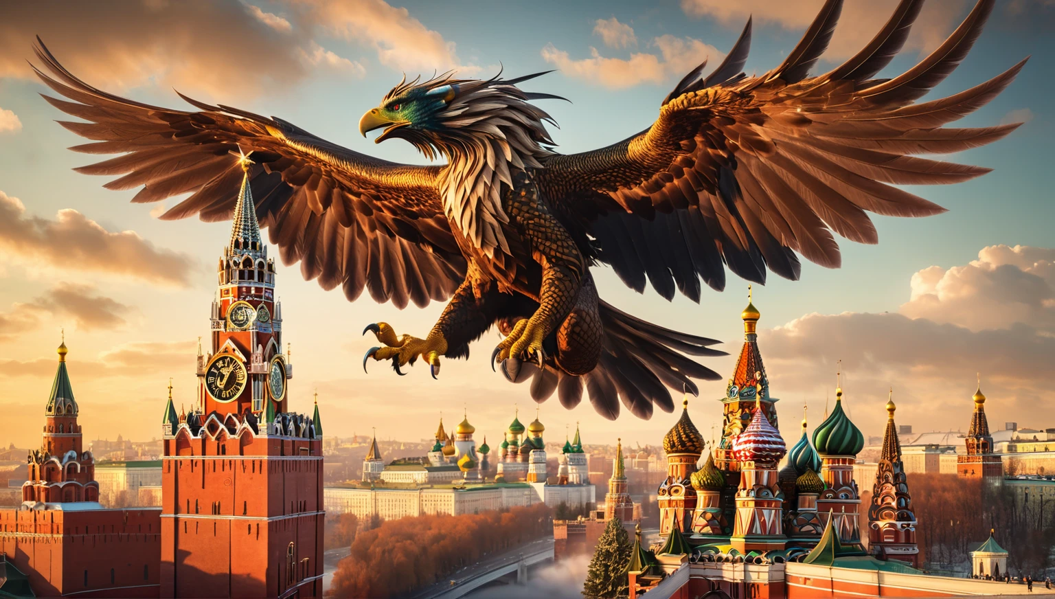 there is a large bird flying over a city with a clock tower, dragon invasion of moscow, by Alexander Kucharsky, by Igor Grabar, flying mythical beasts, 3 d render and matte painting, sergey zabelin, by Serhii Vasylkivsky, imperial russia, russia in 2 0 2 1, gryphon, by Fyodor Rokotov, Ultrarealistic Photography, trending on Flickr, trending  on pinterest,  insanely detailed and intricate, Lifelike, Authentic, True-to-life, Genuine, Natural, Cinematic Lighting, Dramatic, Theatrical, Atmospheric, Evocative, Mood-setting, Award Winning Photography, Acclaimed, Recognized, Celebrated, Honored, Prize-winning, Sharp Focus, Crisp, Clear, Precise, Well-defined, Distinct, Masterpiece Photography, Iconic, Exceptional, Extraordinary, Stunning, Magnificent, Studio Photography, Controlled, Polished, Professional, Refined, Perfected, Nikon, High-quality, Reliable, Durable, Precision-engineered, Cutting-edge, No Filter Photography, Natural-looking, Unedited, Raw, Authentic, True-to-life, 8K Photography, High-resolution, Crystal-clear, Ultra-detailed, Immersive, Cutting-edge, Realistic Skin Texture, Lifelike, Natural-looking, Authentic, True-to-life, Genuine, Photorealistic, Hyper-realistic, True-to-life, Natural-looking, Authentic, Realistic, Hyper Realism, Ultra-detailed, Intensely realistic, Extremely lifelike, Highly precise, Stunningly accurate, Highly Detailed, Intricate, Elaborate, Meticulous, Comprehensive, Thorough, Flattering, Intimate, Personal, Impressive, Captivating, Professional Studio Lighting, Expertly lit, Skillfully crafted, Perfectly balanced, Impeccably executed, Artfully arranged, Million dollar Photoshoot, Memorable.