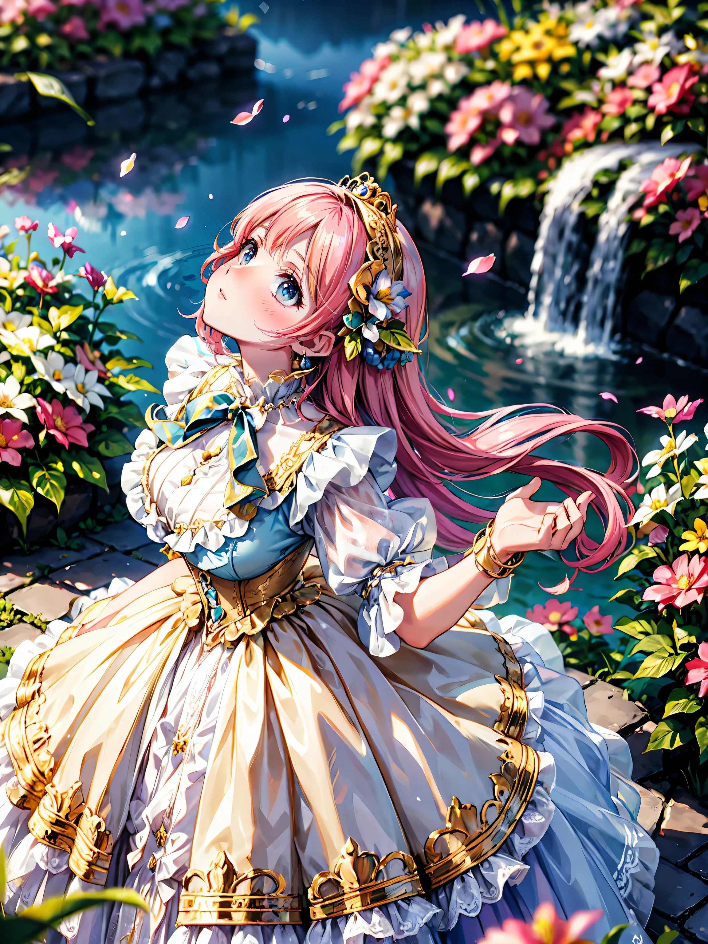 anime moe art style, (Masterpiece, ultra detailed, exquisite quality), (((young face solo princess))), (dress topaz dress), (((ultra elaborate rococo victorian gown with voluminous hoopskirt and long hems, princess style skirt, ultra pretty gown:1.3))), (((huge breasts))), breasts cleavage, (hair pink hair), (fluffy long ponytail), Expressive very voluminous hair, super delicate face, (hyper detail delicate beautiful eyes blue eyes), ((leaning forward, looking up, from above, front view)), (((So lot's of colorful flowers))), (blurry background:1.5), (isometric 3D), (particle effect),