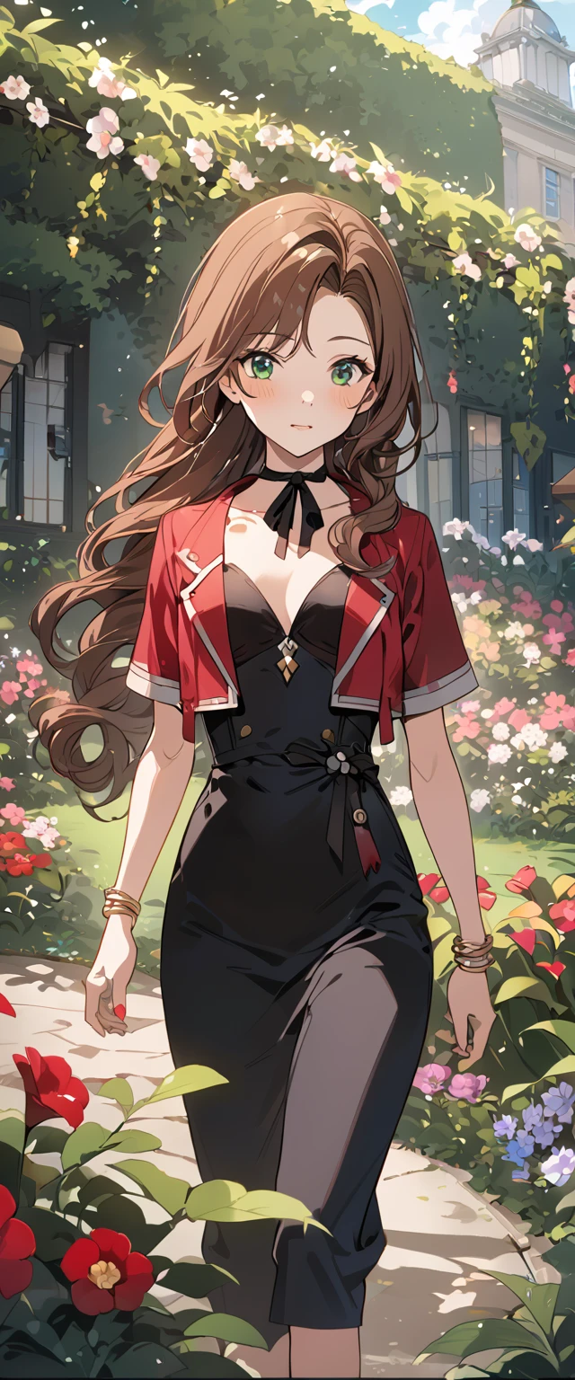 masterpiece, best quality, 8k, 4k, 1girl, aerith gainsborough, brown hair, longer side curly bang, long tight curly ponytail, green eyes, red hair ribbon, red bolero jacket, short sleeve jacket, cropped jacket, black tie choker, long pink straight dress, brown boots, bangles, walking in a garden, flowers, detailed background,, inspired by Asukaziye artist : ask, art style : ask