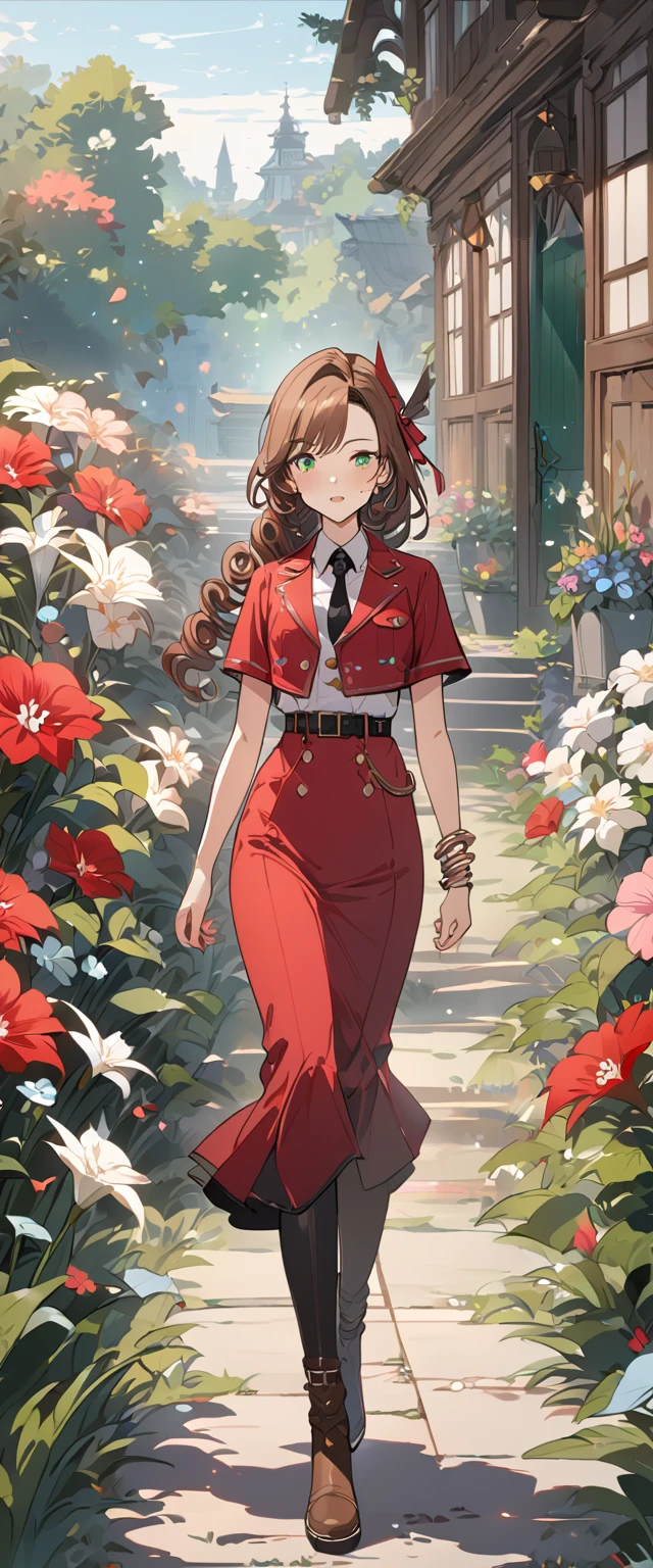 masterpiece, best quality, 8k, 4k, 1girl, aerith gainsborough, brown hair, longer side curly bang, long tight curly ponytail, green eyes, red hair ribbon, red bolero jacket, short sleeve jacket, cropped jacket, black tie choker, long pink straight dress, brown boots, bangles, walking in a garden, flowers, detailed background,, inspired by Asukaziye artist : ask, art style : ask