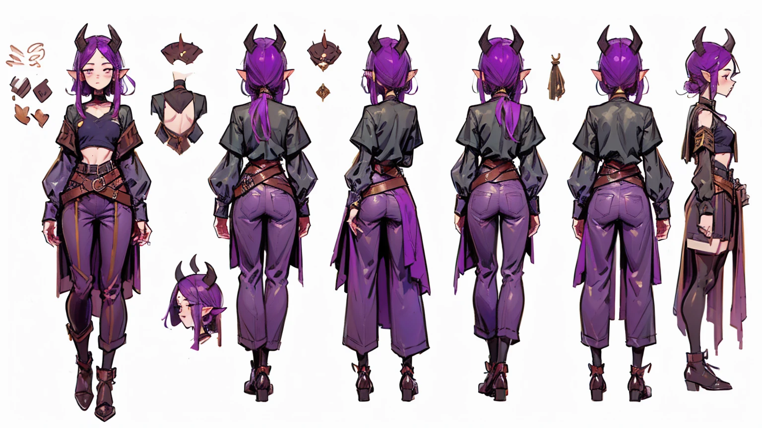 (Masterpiece, best quality), detailed, 1girl, ((character concept art)), ((character design sheet, same character, front, side, back)), many items, (Tiefling Girl, purple hair, purple skin, purple horns, flat chest, in a shirt and pants with a belt, medieval clothing, stands tall