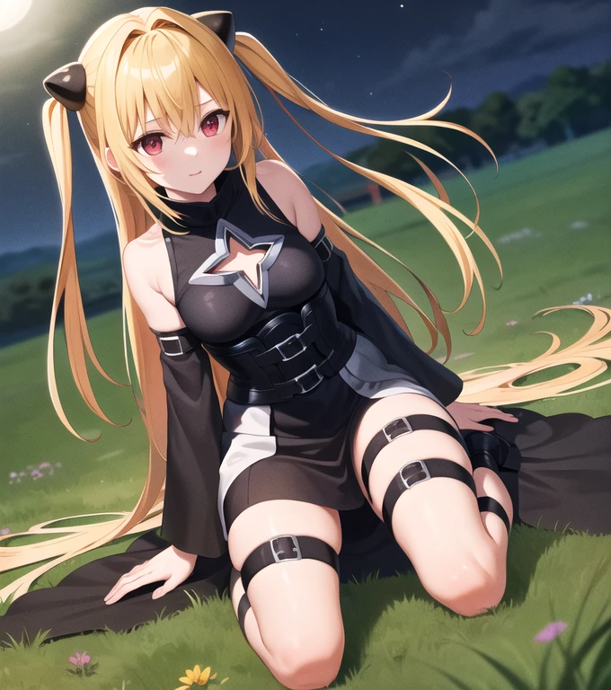 masterpiece, best quality, highres, aayami, very long hair, two side up, hair ornament, bare shoulders, black dress, clothing cutout, detached sleeves, belt, thigh strap, wariza, grass. field, night