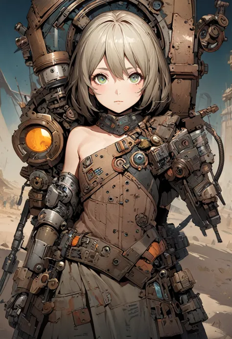 A weathered, eccentric droid girl mechanic with rivets and wires protruding from mismatched metal plates, an ancient mechanical ...