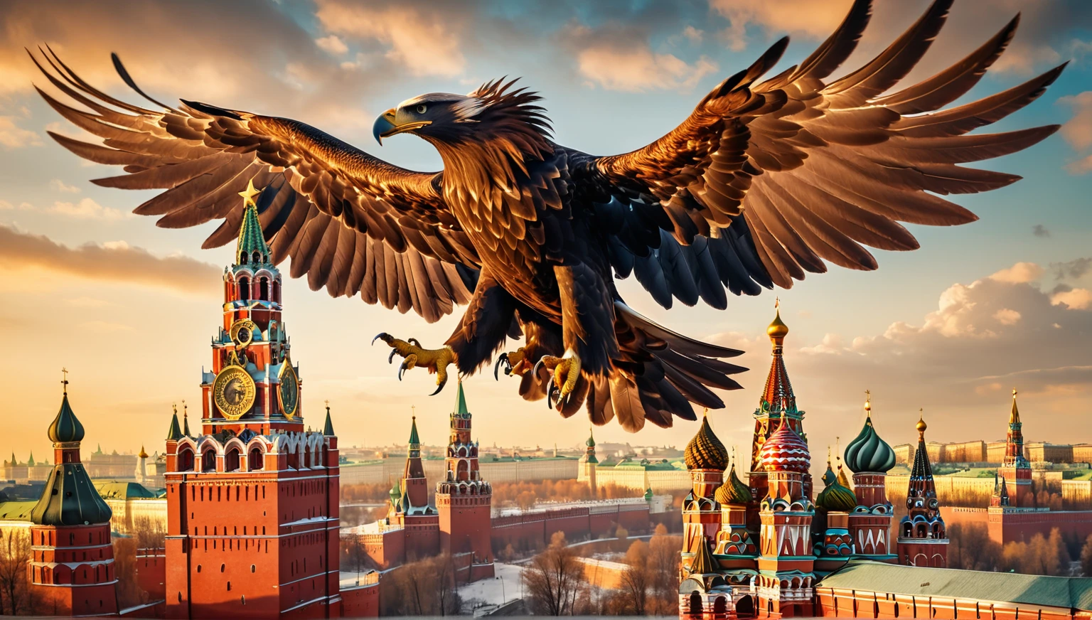 Gigantic Twin-Headed Eagle Over the Kremlin
- Early morning, golden sunrise.
- Clear skies with scattered clouds.
- Moscow, Russia.
- Detailed, iconic red-brick Kremlin towers, especially Spasskaya Tower with clock and ruby star.
- Enormous, intimidating twin-headed eagle, with sharp, piercing eyes, large shimmering wings, and majestic presence.
- Eagle is flying low over the Kremlin, making the towers look small in comparison.
dragon invasion of moscow, by Alexander Kucharsky, by Igor Grabar, flying mythical beasts, 3 d render and matte painting, sergey zabelin, by Serhii Vasylkivsky, imperial russia, russia in 2 0 2 1, gryphon, by Fyodor Rokotov, Ultrarealistic Photography, trending on Flickr, trending  on pinterest,  insanely detailed and intricate, Lifelike, Authentic, True-to-life, Genuine, Natural, Cinematic Lighting, Dramatic, Theatrical, Atmospheric, Evocative, Mood-setting, Award Winning Photography, Acclaimed, Recognized, Celebrated, Honored, Prize-winning, Sharp Focus, Crisp, Clear, Precise, Well-defined, Distinct, Masterpiece Photography, Iconic, Exceptional, Extraordinary, Stunning, Magnificent, Studio Photography, Controlled, Polished, Professional, Refined, Perfected, Nikon, High-quality, Reliable, Durable, Precision-engineered, Cutting-edge, No Filter Photography, Natural-looking, Unedited, Raw, Authentic, True-to-life, 8K Photography, High-resolution, Crystal-clear, Ultra-detailed, Immersive, Cutting-edge, Realistic Skin Texture, Lifelike, Natural-looking, Authentic, True-to-life, Genuine, Photorealistic, 