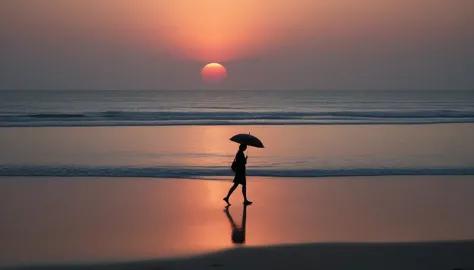 8k, vivid picture quality, desolate long beach, daters walking on the beach from afar, short hair woman, red light of sunset, al...