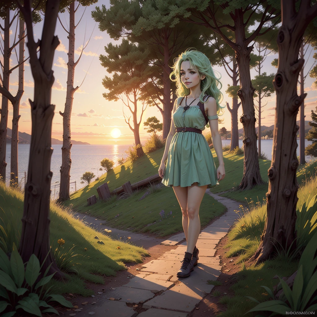 (masterpiece:1.3), (best quality:1.3), (hires, high resolution:1.3), 8k, ultra_detailed, extremely_clear, photograph, beautiful, sharp focus, hdr, (realistic, ultra realistic), BREAK little young dryad
(green skin, dark green eyes, detailed eyes, big smile, light green hair), dress make with grass,
(medium shot, looking at viewer:1.2), (Tilt shift, bokeh, deep focus), BREAK
fantasy, pathway, trees, grass, bushes, forest, BREAK
evening, sunset, golden hour, (volumetric lighting, harsh shadows, natural lighting, sunlight)
 