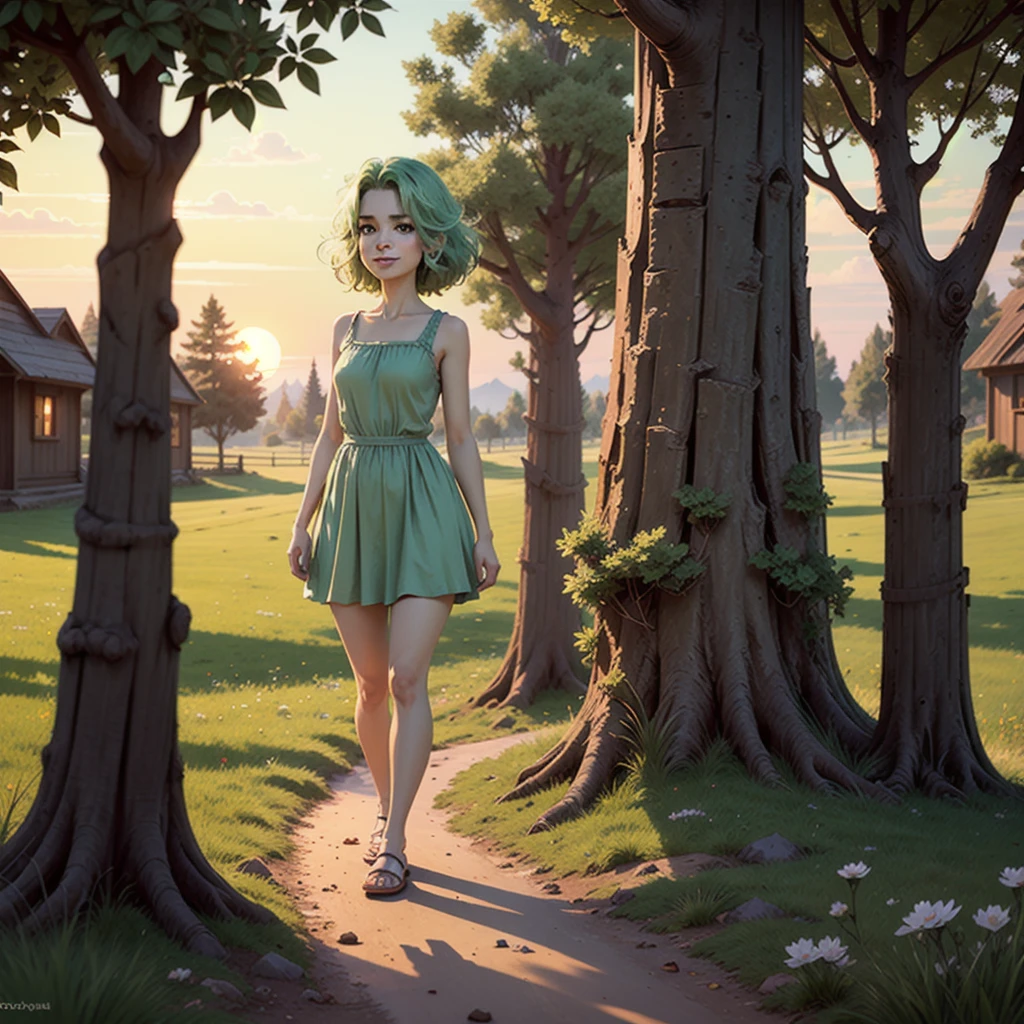 (masterpiece:1.3), (best quality:1.3), (hires, high resolution:1.3), 8k, ultra_detailed, extremely_clear, photograph, beautiful, sharp focus, hdr, (realistic, ultra realistic), BREAK little young dryad
(green skin, dark green eyes, detailed eyes, big smile, light green hair), dress make with grass,
(medium shot, looking at viewer:1.2), (Tilt shift, bokeh, deep focus), BREAK
fantasy, pathway, trees, grass, bushes, forest, BREAK
evening, sunset, golden hour, (volumetric lighting, harsh shadows, natural lighting, sunlight)
 