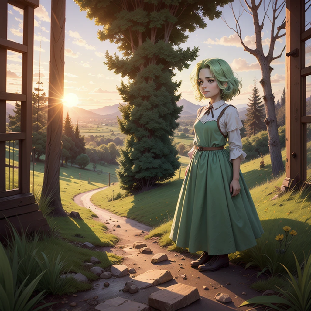 (masterpiece:1.3), (best quality:1.3), (hires, high resolution:1.3), 8k, ultra_detailed, extremely_clear, photograph, beautiful, sharp focus, hdr, (realistic, ultra realistic), BREAK little young dryad
(green skin, dark green eyes, detailed eyes, big smile, light green hair), dress make with grass,
(medium shot, looking at viewer:1.2), (Tilt shift, bokeh, deep focus), BREAK
fantasy, pathway, trees, grass, bushes, forest, BREAK
evening, sunset, golden hour, (volumetric lighting, harsh shadows, natural lighting, sunlight)
 