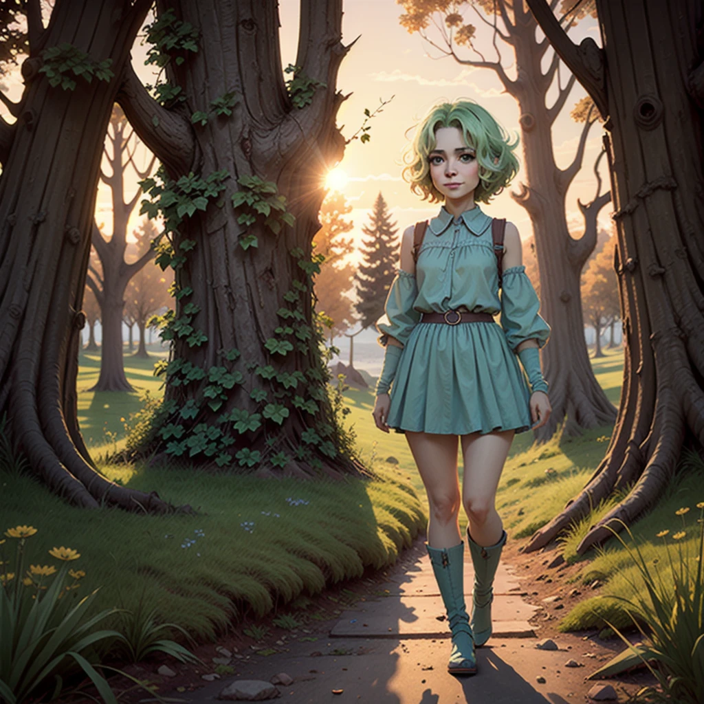 (masterpiece:1.3), (best quality:1.3), (hires, high resolution:1.3), 8k, ultra_detailed, extremely_clear, photograph, beautiful, sharp focus, hdr, (realistic, ultra realistic), BREAK little young dryad
(green skin, dark green eyes, detailed eyes, big smile, light green hair), dress make with grass,
(medium shot, looking at viewer:1.2), (Tilt shift, bokeh, deep focus), BREAK
fantasy, pathway, trees, grass, bushes, forest, BREAK
evening, sunset, golden hour, (volumetric lighting, harsh shadows, natural lighting, sunlight)
 