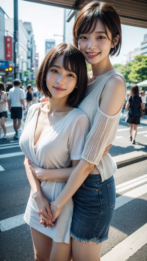 best quality, high resolution, 8k, two girls, japanese, hugging, best smile, summer clothes, street fashion, short hair,  beauti...