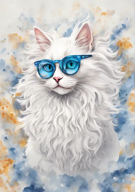 a cat of the white Angora breed, pintura estilo 3D aquarela, Cat wearing blue DJ glasses, Gato Angora peludo branco, wearing a p...