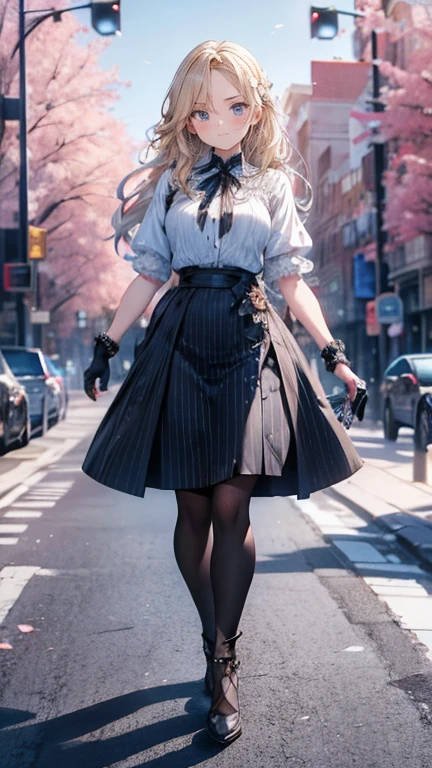 Low angle,from low,((work of art, higher resolution,best qualityer)), (beautiful illustration), ((1 girl,cute,Youngh,beautiful semi long blonde hair,rhombus stripe,gorgeous eyes)),(standing alone),(beautiful elegant office blouse and black skirt),(gazing at viewer), (walking around the Flower Park),
innocent smirk, white above the knees,Lace chalk, bracelet, gloves fingerless, above the knees,
Lace chalk, colar de giornomantes,bracelet, gloves fingerless, aretes, cinematic lighting, Flower Park,big city,busy street,giorno,blue sky,flowers and trees,overcrowded,