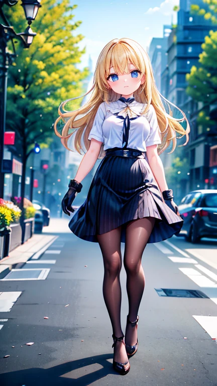 Low angle,from low,((work of art, higher resolution,best qualityer)), (beautiful illustration), ((1 girl,cute,Youngh,beautiful semi long blonde hair,rhombus stripe,gorgeous eyes)),(standing alone),(beautiful elegant office blouse and black skirt),(gazing at viewer), (walking around the Flower Park),
innocent smirk, white above the knees,Lace chalk, bracelet, gloves fingerless, above the knees,
Lace chalk, colar de giornomantes,bracelet, gloves fingerless, aretes, cinematic lighting, Flower Park,big city,busy street,giorno,blue sky,flowers and trees,overcrowded,