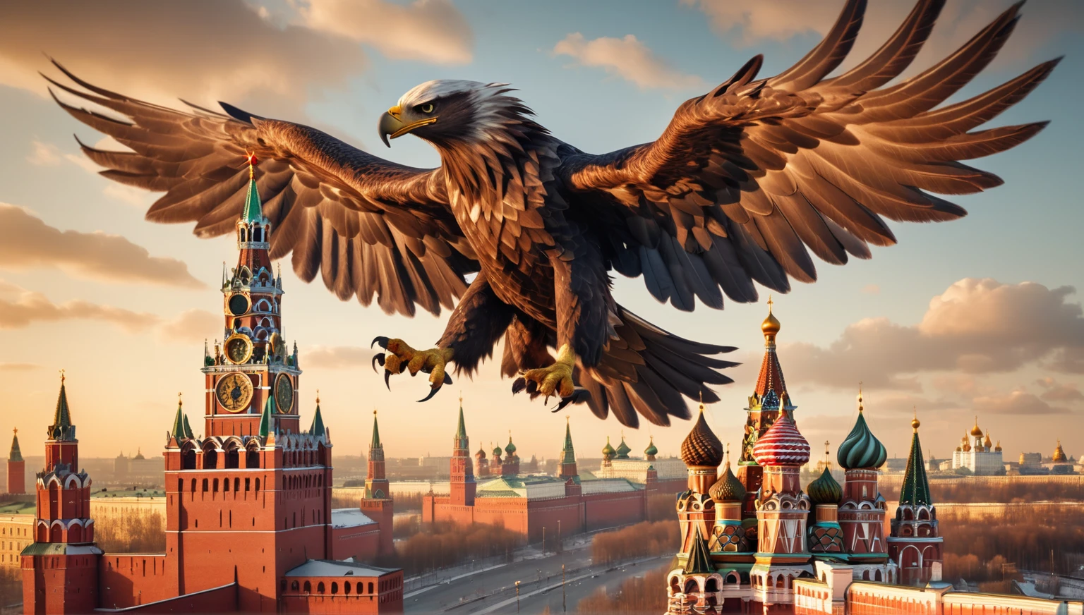 Gigantic Twin-Headed Eagle Over the Kremlin
- Early morning, golden sunrise.
- Clear skies with scattered clouds.
- Moscow, Russia.
- Detailed, iconic red-brick Kremlin towers, especially Spasskaya Tower with clock and ruby star.
- Enormous, intimidating twin-headed eagle, with sharp, piercing eyes, large shimmering wings, and majestic presence.
- Eagle is flying low over the Kremlin, making the towers look small in comparison.
dragon invasion of moscow, by Alexander Kucharsky, by Igor Grabar, flying mythical beasts, 3 d render and matte painting, sergey zabelin, by Serhii Vasylkivsky, imperial russia, russia in 2 0 2 1, gryphon, by Fyodor Rokotov, Ultrarealistic Photography, trending on Flickr, trending  on pinterest,  insanely detailed and intricate, Lifelike, Authentic, True-to-life, Genuine, Natural, Cinematic Lighting, Dramatic, Theatrical, Atmospheric, Evocative, Mood-setting, Award Winning Photography, Acclaimed, Recognized, Celebrated, Honored, Prize-winning, Sharp Focus, Crisp, Clear, Precise, Well-defined, Distinct, Masterpiece Photography, Iconic, Exceptional, Extraordinary, Stunning, Magnificent, Studio Photography, Controlled, Polished, Professional, Refined, Perfected, Nikon, High-quality, Reliable, Durable, Precision-engineered, Cutting-edge, No Filter Photography, Natural-looking, Unedited, Raw, Authentic, True-to-life, 8K Photography, High-resolution, Crystal-clear, Ultra-detailed, Immersive, Cutting-edge, Realistic Skin Texture, Lifelike, Natural-looking, Authentic, True-to-life, Genuine, Photorealistic, 