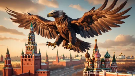 Gigantic Twin-Headed Eagle Over the Kremlin
- Early morning, golden sunrise.
- Clear skies with scattered clouds.
- Moscow, Russ...
