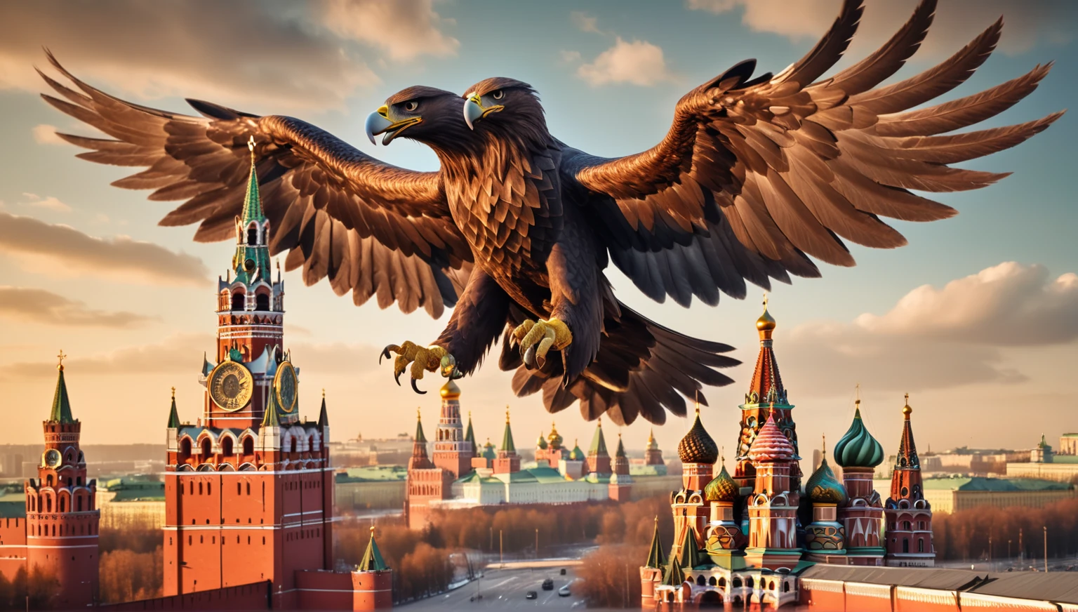 Gigantic Twin-Headed Eagle Over the Kremlin
- Early morning, golden sunrise.
- Clear skies with scattered clouds.
- Moscow, Russia.
- Detailed, iconic red-brick Kremlin towers, especially Spasskaya Tower with clock and ruby star.
- Enormous, intimidating twin-headed eagle, with sharp, piercing eyes, large shimmering wings, and majestic presence.
- Eagle is flying low over the Kremlin, making the towers look small in comparison.
dragon invasion of moscow, by Alexander Kucharsky, by Igor Grabar, flying mythical beasts, 3 d render and matte painting, sergey zabelin, by Serhii Vasylkivsky, imperial russia, russia in 2 0 2 1, gryphon, by Fyodor Rokotov, Ultrarealistic Photography, trending on Flickr, trending  on pinterest,  insanely detailed and intricate, Lifelike, Authentic, True-to-life, Genuine, Natural, Cinematic Lighting, Dramatic, Theatrical, Atmospheric, Evocative, Mood-setting, Award Winning Photography, Acclaimed, Recognized, Celebrated, Honored, Prize-winning, Sharp Focus, Crisp, Clear, Precise, Well-defined, Distinct, Masterpiece Photography, Iconic, Exceptional, Extraordinary, Stunning, Magnificent, Studio Photography, Controlled, Polished, Professional, Refined, Perfected, Nikon, High-quality, Reliable, Durable, Precision-engineered, Cutting-edge, No Filter Photography, Natural-looking, Unedited, Raw, Authentic, True-to-life, 8K Photography, High-resolution, Crystal-clear, Ultra-detailed, Immersive, Cutting-edge, Realistic Skin Texture, Lifelike, Natural-looking, Authentic, True-to-life, Genuine, Photorealistic, 