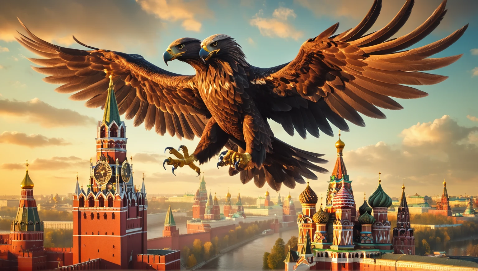 Gigantic Twin-Headed Eagle Over the Kremlin - Early morning, golden sunrise. - Clear skies with scattered clouds. - Moscow, Russia. - Detailed, iconic red-brick Kremlin towers, especially Spasskaya Tower with clock and ruby star. - Enormous, intimidating twin-headed eagle, with sharp, piercing eyes, large shimmering wings, and majestic presence. - Eagle is flying low over the Kremlin, making the towers look small in comparison. dragon invasion of moscow, by Alexander Kucharsky, by Igor Grabar, flying mythical beasts, 3 d render and matte painting, sergey zabelin, by Serhii Vasylkivsky, imperial russia, russia in 2 0 2 1, gryphon, by Fyodor Rokotov, Ultrarealistic Photography, trending on Flickr, trending on pinterest, insanely detailed and intricate, Lifelike, Authentic, True-to-life, Genuine, Natural, Cinematic Lighting, Dramatic, Theatrical, Atmospheric, Evocative, Mood-setting, Award Winning Photography, Acclaimed, Recognized, Celebrated, Honored, Prize-winning, Sharp Focus, Crisp, Clear, Precise, Well-defined, Distinct, Masterpiece Photography, Iconic, Exceptional, Extraordinary, Stunning, Magnificent, Studio Photography, Controlled, Polished, Professional, Refined, Perfected, Nikon, High-quality, Reliable, Durable, Precision-engineered, Cutting-edge, No Filter Photography, Natural-looking, Unedited, Raw, Authentic, True-to-life, 8K Photography, High-resolution, Crystal-clear, Ultra-detailed, Immersive, Cutting-edge, Realistic Skin Texture, Lifelike, Natural-looking, Authentic, True-to-life, Genuine, Photorealistic,
