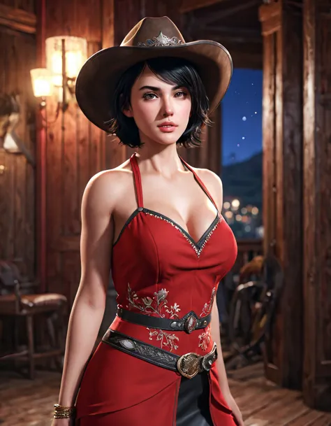 1girl, cowboy shot of beautiful ada, looking at viewer, red dress, black hair, blush, short hair, athletic night, volumetric lig...