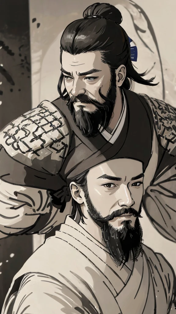 Monochrome,Oriental、Men in ancient Chinese costumes、(ancient chinese hairstyle male)、As seen in the Romance of the Three Kingdoms々military commander、Highest quality、masterpiece、Ultra-high resolution、(Realistic:1.4)、Game Poster、Crisp and beautiful image quality、beard、Embroidered cloth wrapped around a topknot、whole body ,((Skin of color, ),(Heavy Blackbeard):1.2), ( (Very detailed, bloom:1.5), (Highest quality, Concept Art, 4K), (analog:1.2), (high sharpness), (Detailed pupil:1.1), (Painting:1.1), (digital Painting:1.1), Detailed face and eyes, masterpiece, Highest quality, (Very detailed写真:1.1), 8K, photoRealistic, (Black Hair, Dynamic Short Hair), (PurerosFace_v1:0.2), [:(Detailed face:1.2):0.2], sharp, Realistic, Realistic Shadow, 