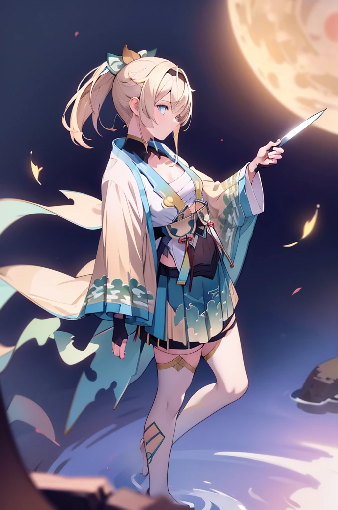 moon, knife, kimono, nature, Long Hair, wood, Are standing, 夜 null, silhouette, null, Holding,抜knife, leaf, sheath, Holding 武器, ponytail, Outdoor, forest, water, Monochrome, star (null),Light blonde, blue eyes,Fingerless gloves, kimono, White knee socks, Haori, Black gloves, bangs,whole body,Super detailed,nature光,Vibrant colors, whole body, Wide-angle lens,masterpiece,