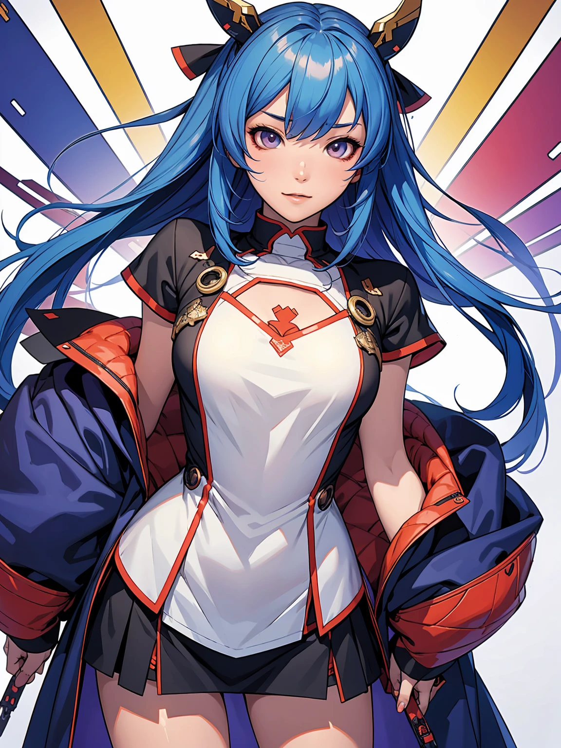 Créez un personnage sympa pour un jeu gacha basé sur Mihoyo&#39;Le jeu Zenless Zone Zero, personnage féminin en vêtements de diable aux couleurs chaudes, Personnage élémentaire de feu de niveau S, cornes et queue du diable, magnifique visage, corps de nymphe, fric, hautain, Sourire diabolique, brandissant une épée dentelée, pose, mouvements agressifs, dents de requin, entièrement le corps