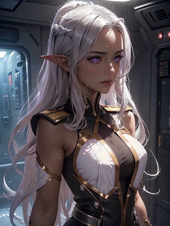 masterpiece, Highest quality, Highly detailed CG Unity 8k wallpaper,((whole body)), ((Rooms in the spacecraft)), (Long pointy ears), (Elegant long wavy silver blonde hair), (A toned and slender body), ((Average Chest Circumference, Self-illuminating skin)), (((A revealing white-on-black military uniform))), (Geometric Circlet), (Sweaty, Wet Skin), (blush), (Captivating smile), (so beautiful, Symmetrical face, Purple Eyes), (Elegant and sharp gaze), fine grain, Key Art, Awards, intricate detail realism hdr, Photorealism, Hyperrealism, Ultra-realistic, Dramatic Light, Strong Shadows, Nice views, Written boundary depth