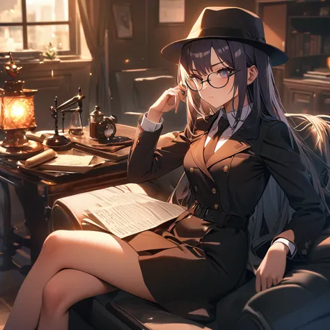 masterpiece, best quality, 8k,1 girl ( black trench coat, suit, skirt, fedora, glasses, cross-legged, sitting on sofa, necktie, ...