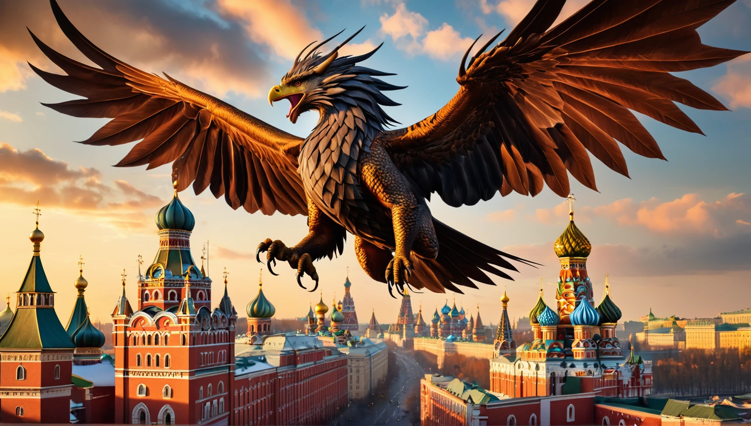 there is a large bird flying over a city with a clock tower, dragon invasion of moscow, by Alexander Kucharsky, by Igor Grabar, flying mythical beasts, 3 d render and matte painting, sergey zabelin, by Serhii Vasylkivsky, imperial russia, russia in 2 0 2 1, gryphon, by Fyodor Rokotov, Ultrarealistic Photography, trending on Flickr, trending  on pinterest,  insanely detailed and intricate, Lifelike, Authentic, True-to-life, Genuine, Natural, Cinematic Lighting, Dramatic, Theatrical, Atmospheric, Evocative, Mood-setting, Award Winning Photography, Acclaimed, Recognized, Celebrated, Honored, Prize-winning, Sharp Focus, Crisp, Clear, Precise, Well-defined, Distinct, Masterpiece Photography, Iconic, Exceptional, Extraordinary, Stunning, Magnificent, Studio Photography, Controlled, Polished, Professional, Refined, Perfected, Nikon, High-quality, Reliable, Durable, Precision-engineered, Cutting-edge, No Filter Photography, Natural-looking, Unedited, Raw, Authentic, True-to-life, 8K Photography, High-resolution, Crystal-clear, Ultra-detailed, Immersive, Cutting-edge, Realistic Skin Texture, Lifelike, Natural-looking, Authentic, True-to-life, Genuine, Photorealistic, Hyper-realistic, True-to-life, Natural-looking, Authentic, Realistic, Hyper Realism, Ultra-detailed, Intensely realistic, Extremely lifelike, Highly precise, Stunningly accurate, Highly Detailed, Intricate, Elaborate, Meticulous, Comprehensive, Thorough, Flattering, Intimate, Personal, Impressive, Captivating, Professional Studio Lighting, Expertly lit, Skillfully crafted, Perfectly balanced, Impeccably executed, Artfully arranged, Million dollar Photoshoot, Memorable.