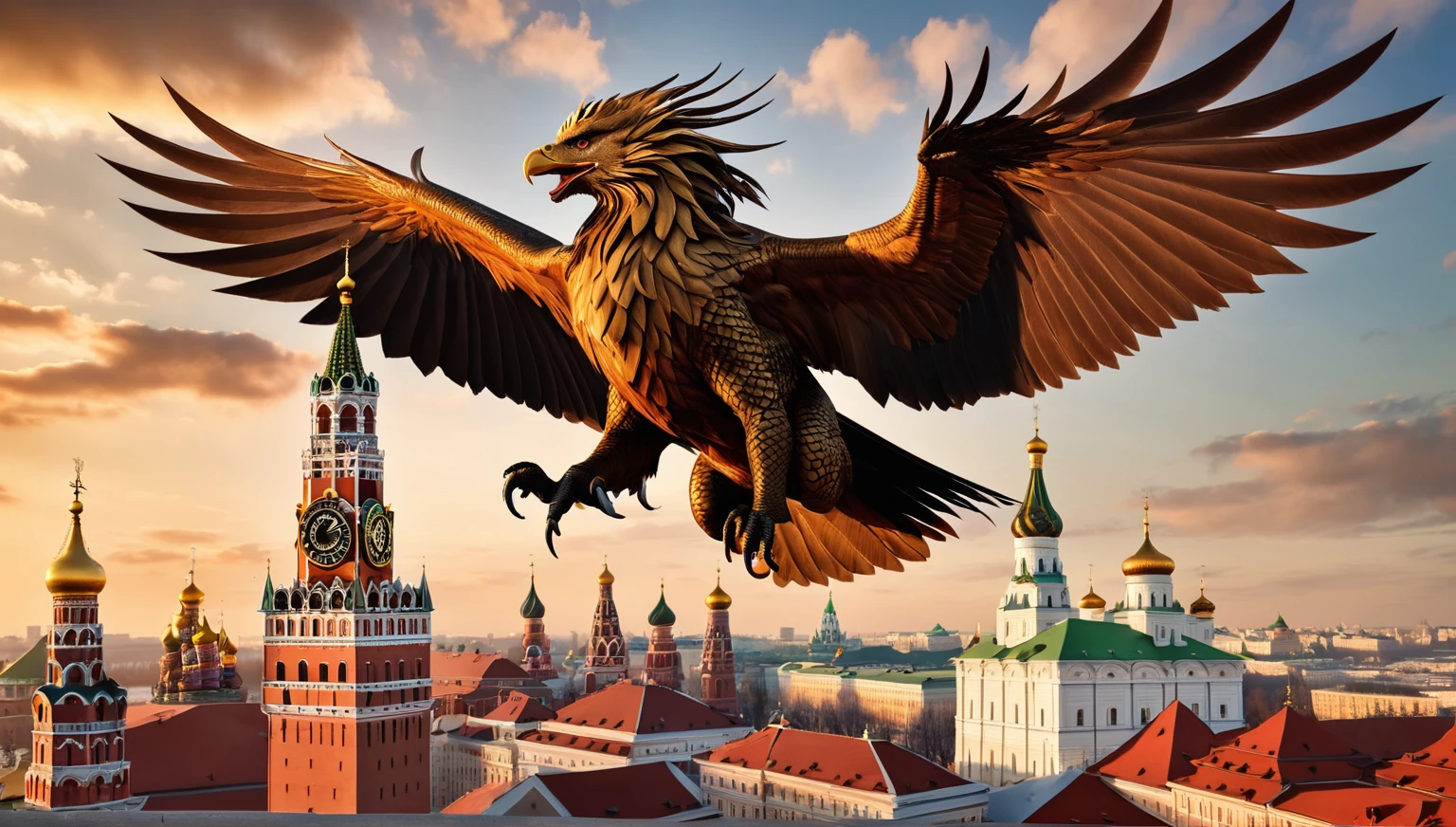 there is a large bird flying over a city with a clock tower, dragon invasion of moscow, by Alexander Kucharsky, by Igor Grabar, flying mythical beasts, 3 d render and matte painting, sergey zabelin, by Serhii Vasylkivsky, imperial russia, russia in 2 0 2 1, gryphon, by Fyodor Rokotov, Ultrarealistic Photography, trending on Flickr, trending  on pinterest,  insanely detailed and intricate, Lifelike, Authentic, True-to-life, Genuine, Natural, Cinematic Lighting, Dramatic, Theatrical, Atmospheric, Evocative, Mood-setting, Award Winning Photography, Acclaimed, Recognized, Celebrated, Honored, Prize-winning, Sharp Focus, Crisp, Clear, Precise, Well-defined, Distinct, Masterpiece Photography, Iconic, Exceptional, Extraordinary, Stunning, Magnificent, Studio Photography, Controlled, Polished, Professional, Refined, Perfected, Nikon, High-quality, Reliable, Durable, Precision-engineered, Cutting-edge, No Filter Photography, Natural-looking, Unedited, Raw, Authentic, True-to-life, 8K Photography, High-resolution, Crystal-clear, Ultra-detailed, Immersive, Cutting-edge, Realistic Skin Texture, Lifelike, Natural-looking, Authentic, True-to-life, Genuine, Photorealistic, Hyper-realistic, True-to-life, Natural-looking, Authentic, Realistic, Hyper Realism, Ultra-detailed, Intensely realistic, Extremely lifelike, Highly precise, Stunningly accurate, Highly Detailed, Intricate, Elaborate, Meticulous, Comprehensive, Thorough, Flattering, Intimate, Personal, Impressive, Captivating, Professional Studio Lighting, Expertly lit, Skillfully crafted, Perfectly balanced, Impeccably executed, Artfully arranged, Million dollar Photoshoot, Memorable.