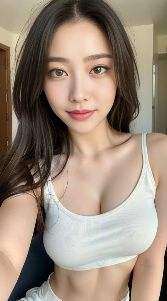 ((Highest quality, 8K, masterpiece :1.3)), One girl, Beautiful woman with well-defined abdominal muscles: 1.3, whole body, (Long Hair, Big Breasts: 1.2), Oversized tank top: 1.2, Very delicate face, Delicate eyes, double eyelid, smile, Home, Random color clothes