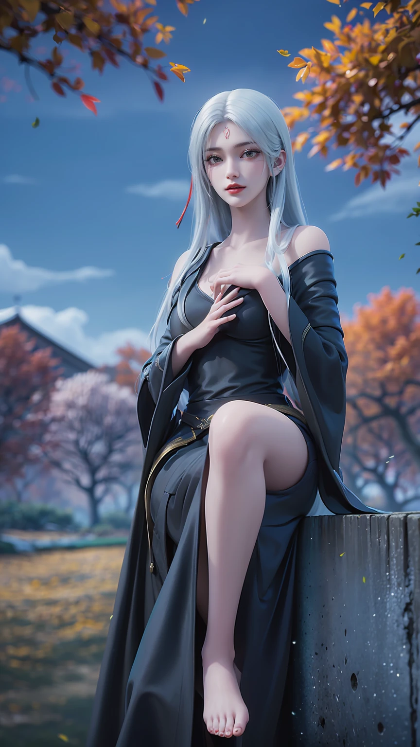 Araffe lady in black dress sitting on ledge over pond, seductive Tifa lockhart portrait, Tifa, Beautiful and charming anime woman, Popular on cgstation, Tifa lockhart, Beautiful goddess, glamorous Tifa lockheart, Japanese Goddess, Realistic anime girl rendering, Anime Goddess, Beautiful fantasy queen, Attractive anime girl, Popular on cgstation内容，(((White long hair)))，(((Green eyes))，((Black robe))，((Place one hand on your chest))