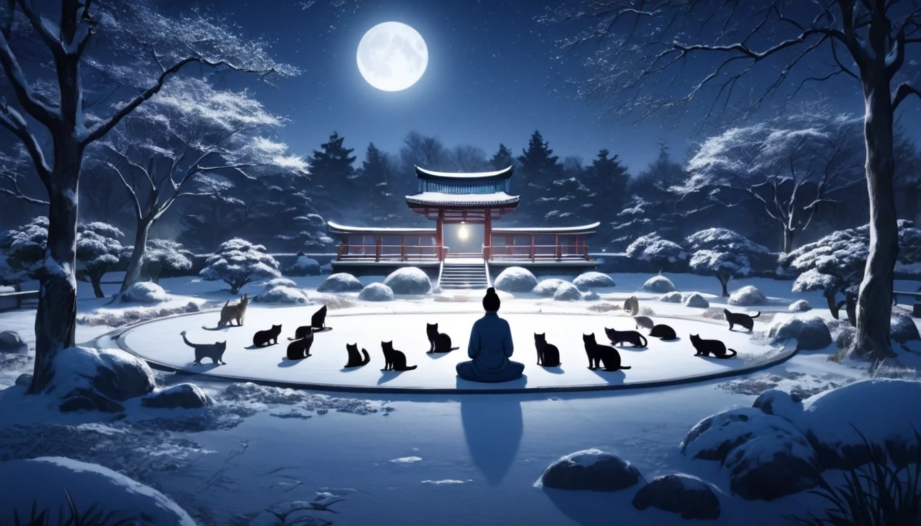 Persona oriental meditando rodeado de gatos. El escenario es un jardín de invierno japonés., Bajo la luz de la luna. Hermoso paisaje con jardín de invierno..   cielo nocturno. iluminación cinematográfica. persona meditando. meditación 