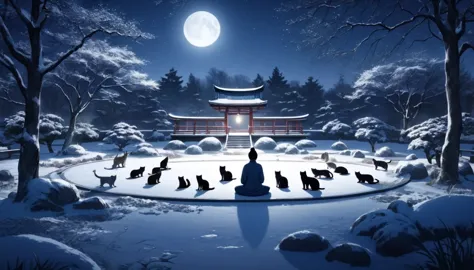 Oriental person meditating surrounded by cats. The setting is a Japanese winter garden, under the moonlight. Beautiful landscape...
