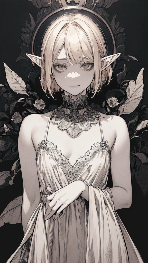 Highest quality, (Background details), High Contrast, Very beautiful , Detailed original illustrations,Very small stature、Baby Face、Villain、Elf, Wavy platinum blonde hair、Bob Cut Hair、 Delicate face,  Naughty kid、White sundress、Real breasts, Flat Chest、Crazy Smile, Crazy Eyes, Black background, (Black background: 1. 5), Beautiful line art, Monochrome