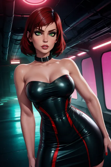 jane, alone,short hair,red hair,green eyes, lips, 
black dress,  red trim, collar, bare shoulders,  sleeveless, 
standing, upper...