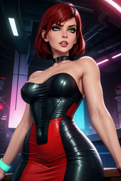 jane, alone,short hair,red hair,green eyes, lips, 
black dress,  red trim, collar, bare shoulders,  sleeveless, 
standing, upper...