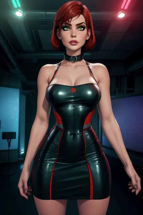 jane, alone,short hair,red hair,green eyes, lips, 
black dress,  red trim, collar, bare shoulders,  sleeveless, 
standing, upper...