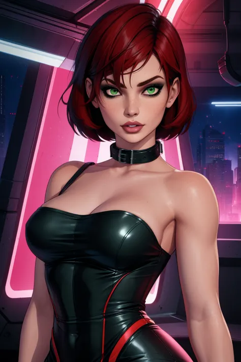 jane, alone,short hair,red hair,green eyes, lips, 
black dress,  red trim, collar, bare shoulders,  sleeveless, 
standing, upper...