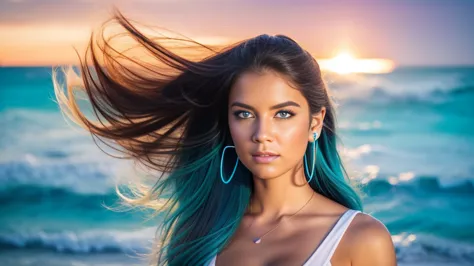 create a stunning youtube video thumbnail featuring a beautiful 25-year-old long-haired woman:1. composition:
   - woman positio...