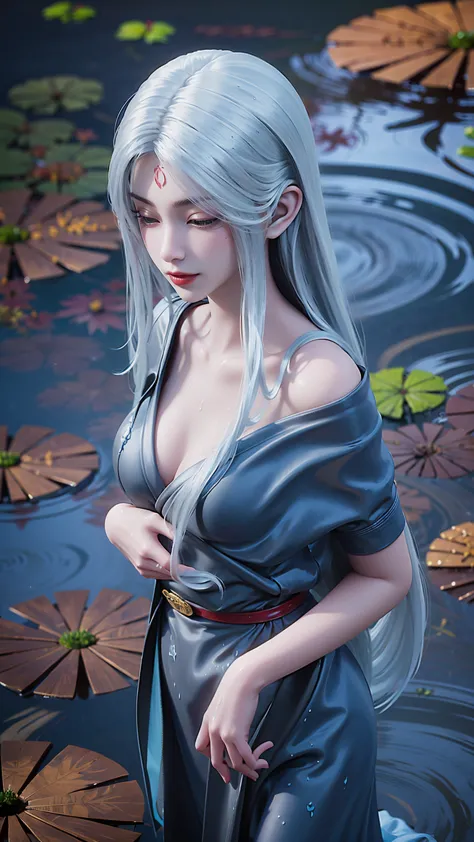 a girl bathing in water, water flowing over her shoulders and above, no clothes, hands placed in front of her chest covering her...