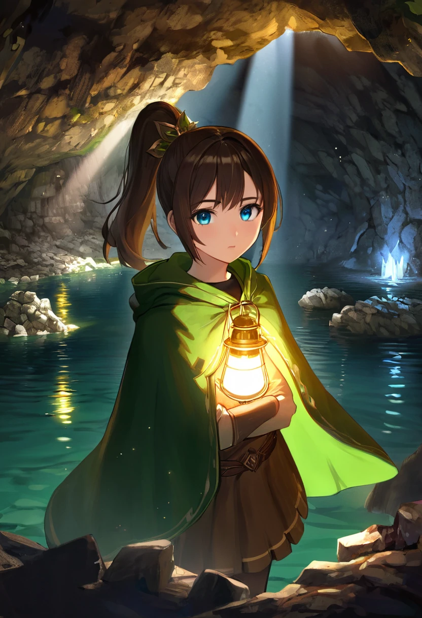 1girl,masterpiece,best quality,8k,ultra-detailed,highly detailed face,extremely detailed eyes and face,longeyelashes,green and gold huntress outfit, cloak and hood over huntress garb, adventurer, short brown hair tied up in a ponytail,in a verdant cave dungeon with lake and glowing lights,fantasy, atmospheric lighting,dramatic lighting,mysterious,intricate detailing,cinematic,ambient occlusion,volumetric lighting,chiaroscuro,dramatic shadows,moody color