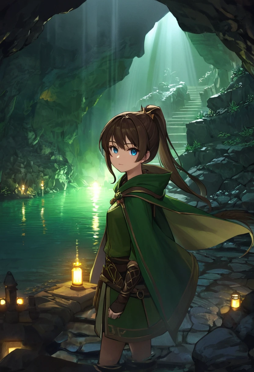 1girl,masterpiece,best quality,8k,ultra-detailed,highly detailed face,extremely detailed eyes and face,longeyelashes,green and gold huntress outfit, cloak and hood over huntress garb, adventurer, short brown hair tied up in a ponytail,in a verdant cave dungeon with lake and glowing lights,fantasy, atmospheric lighting,dramatic lighting,mysterious,intricate detailing,cinematic,ambient occlusion,volumetric lighting,chiaroscuro,dramatic shadows,moody color