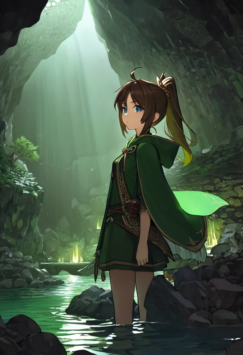 1girl,masterpiece,best quality,8k,ultra-detailed,highly detailed face,extremely detailed eyes and face,longeyelashes,green and gold huntress outfit, cloak and hood over huntress garb, adventurer, short brown hair tied up in a ponytail,in a verdant cave dungeon with lake and glowing lights,fantasy, atmospheric lighting,dramatic lighting,mysterious,intricate detailing,cinematic,ambient occlusion,volumetric lighting,chiaroscuro,dramatic shadows,moody color